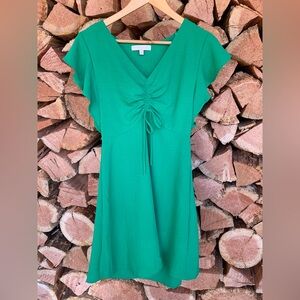 Y2K Women’s Medium Baby Doll Green Ruched V-Neck Midi‎ Dress Flowy Fairy Whimsy